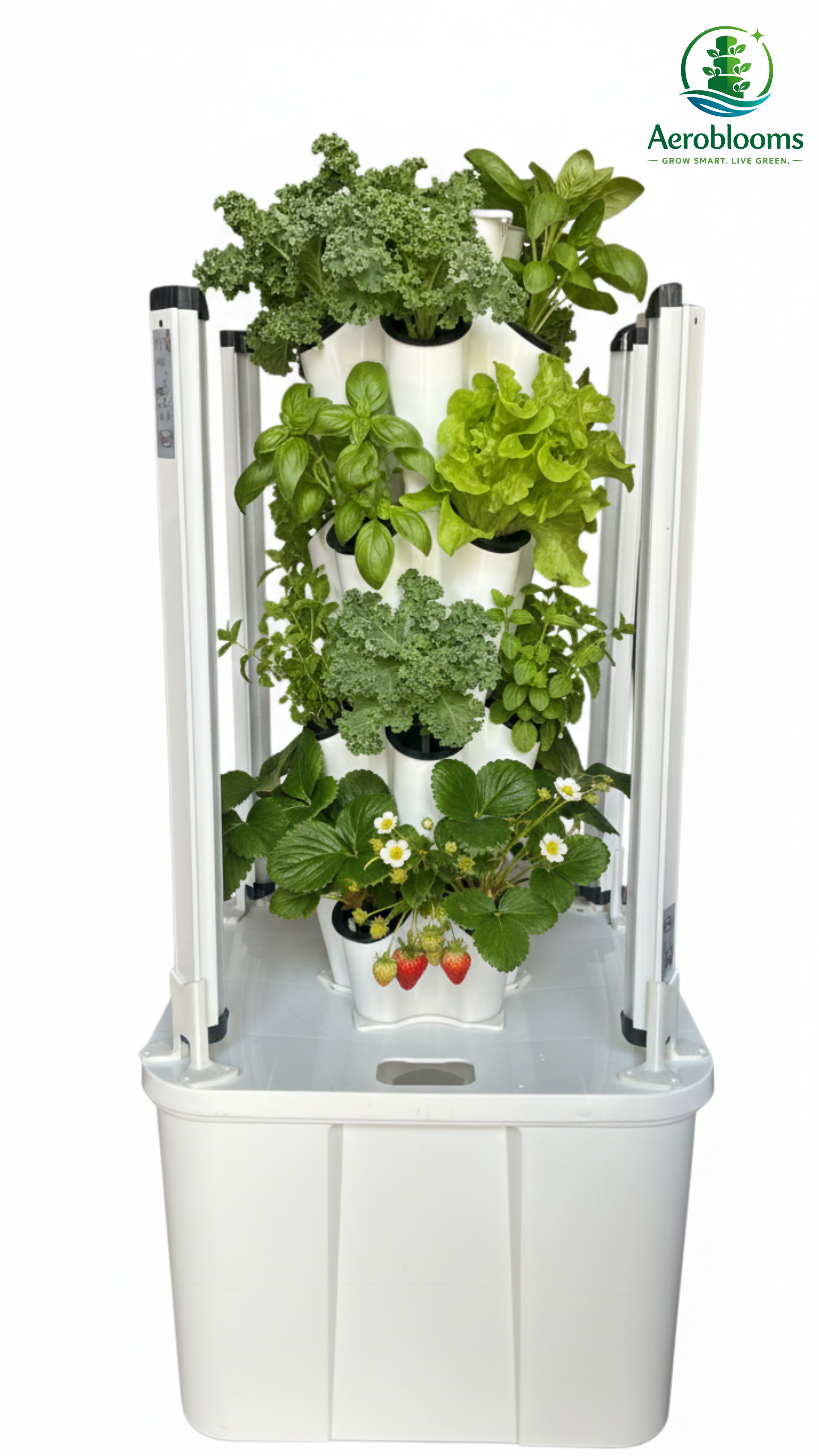 Aerobloom's Atlas 20 planter Aeroponics, Hydroponics Tower with grow lights. Compact indoor growing system.