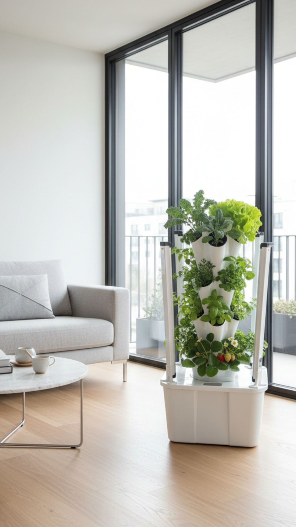 Aerobloom's Atlas 20 planter Aeroponics, Hydroponics Tower with grow lights. Compact indoor growing system.